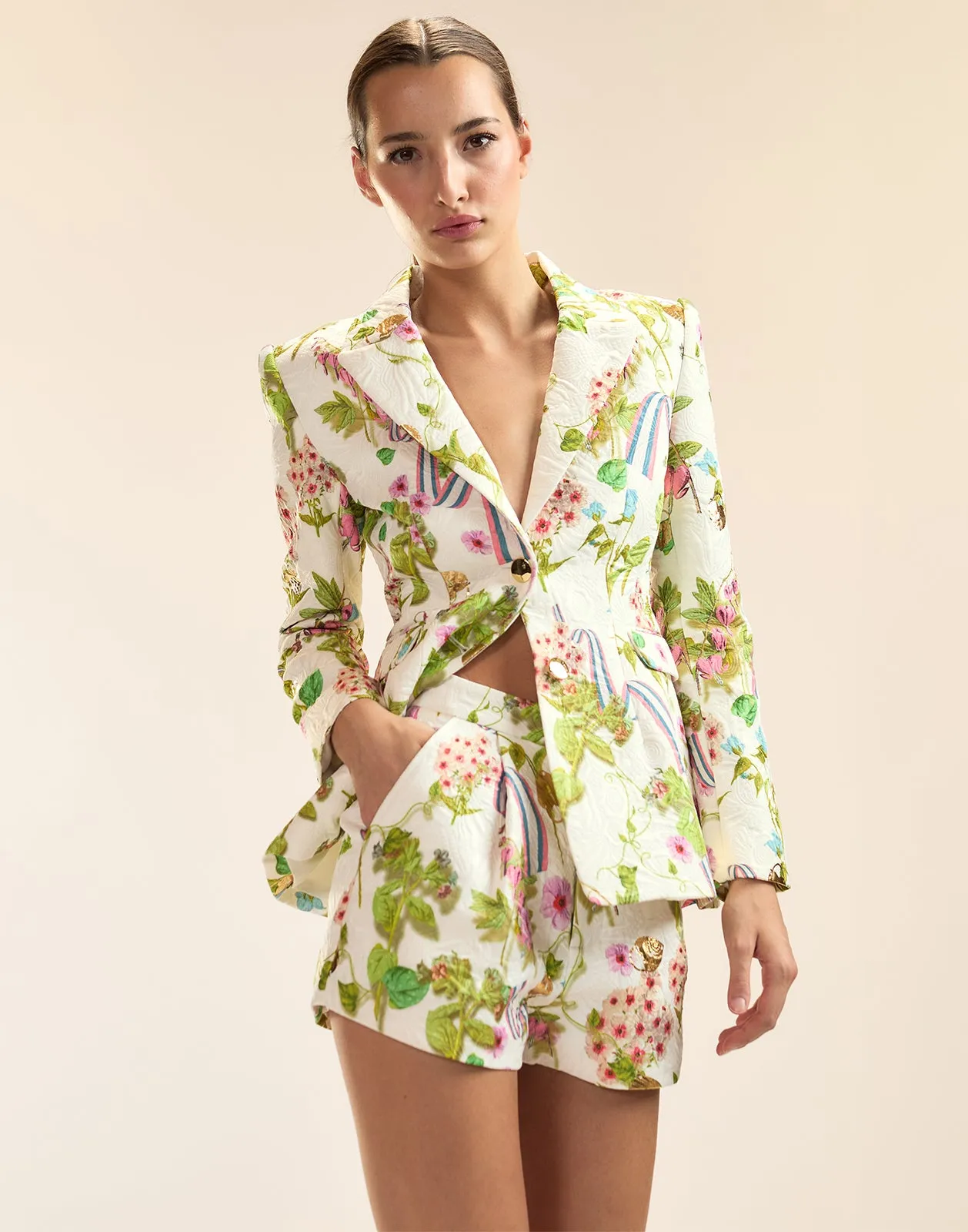 Printed Brocade Pleated Shorts