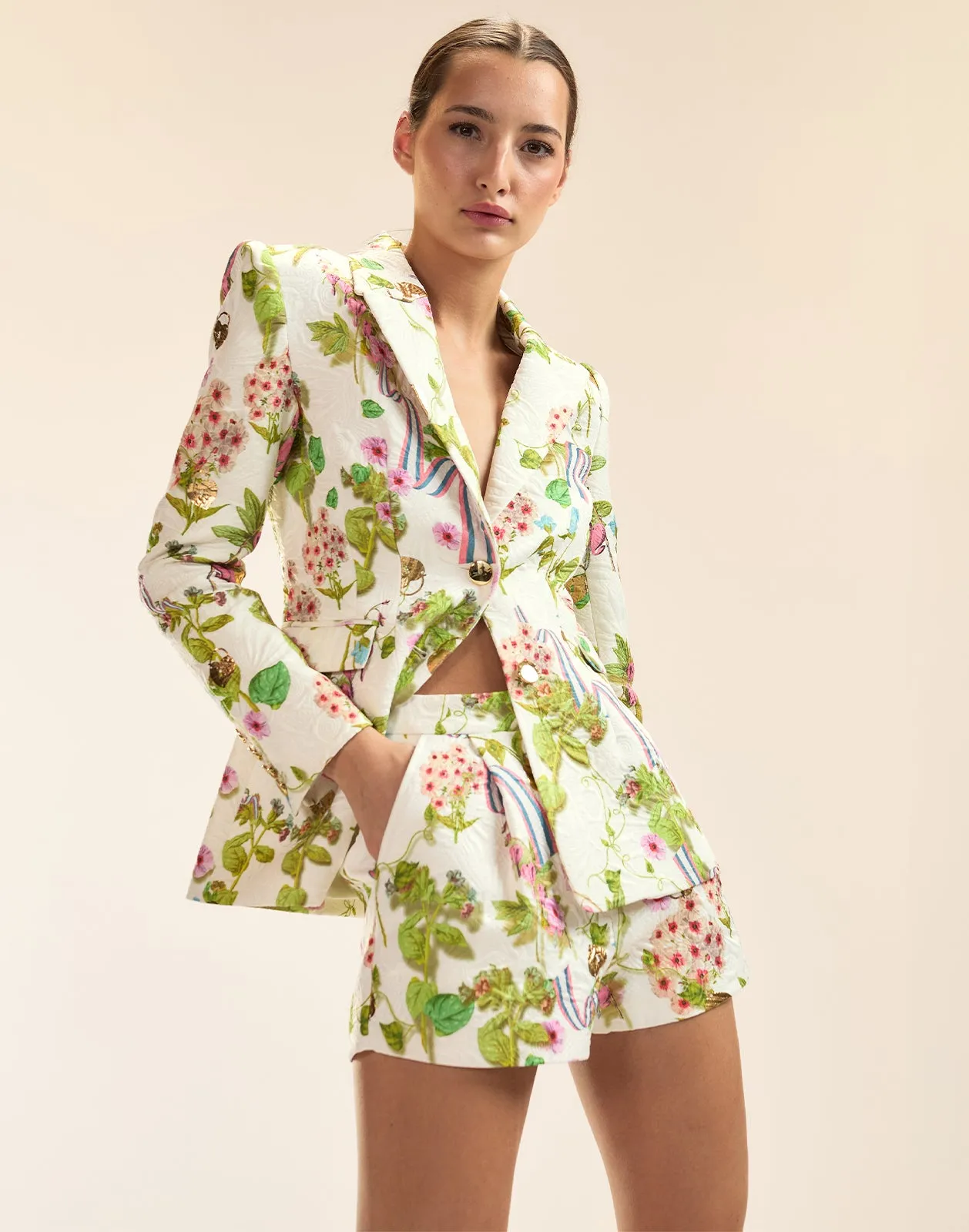 Printed Brocade Pleated Shorts