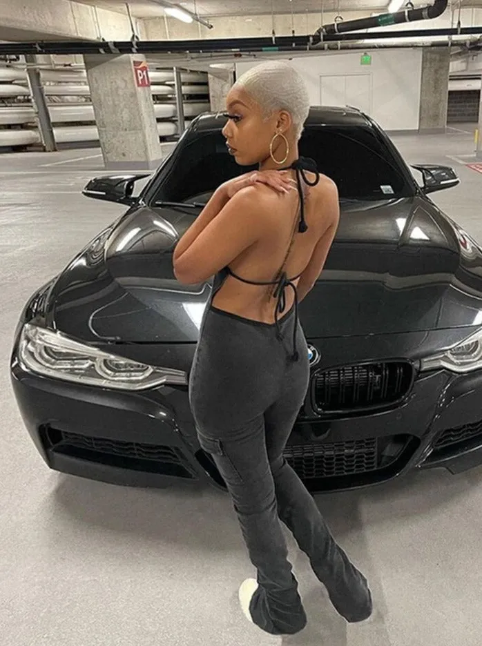 Purpdrank - Backless Halter Jumpsuits Women Skinny Fitness Zip Tooling Pocket Sleeveless Activity Streetwear Sporty Slim Overalls