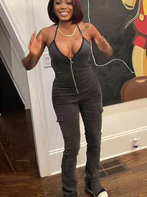 Purpdrank - Backless Halter Jumpsuits Women Skinny Fitness Zip Tooling Pocket Sleeveless Activity Streetwear Sporty Slim Overalls