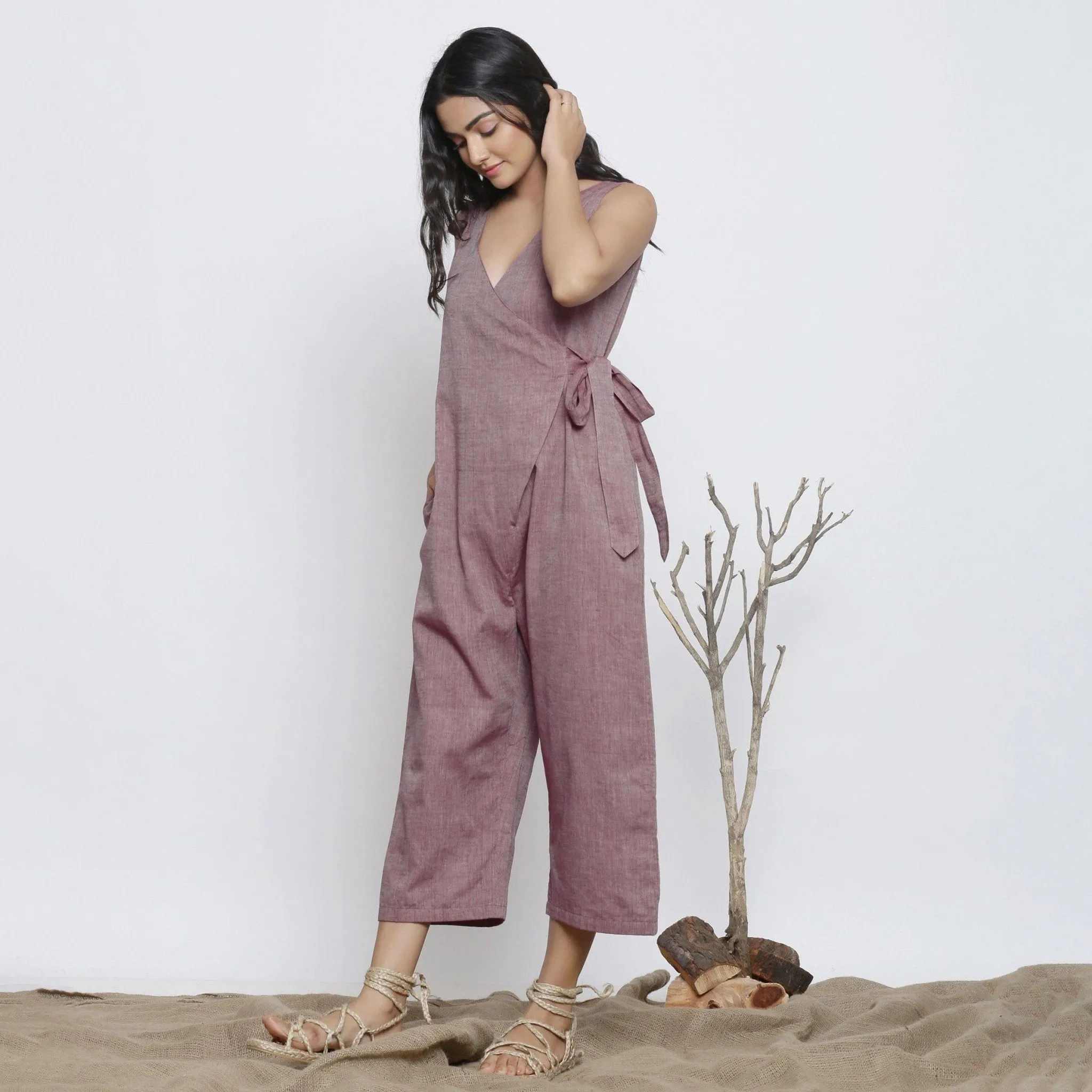 Purple Handspun Cotton Plunge Neck Wrap Midi Jumpsuit