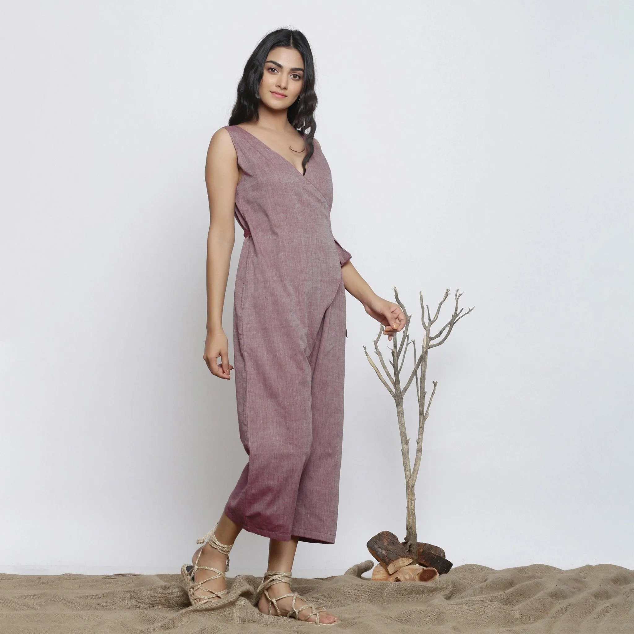 Purple Handspun Cotton Plunge Neck Wrap Midi Jumpsuit