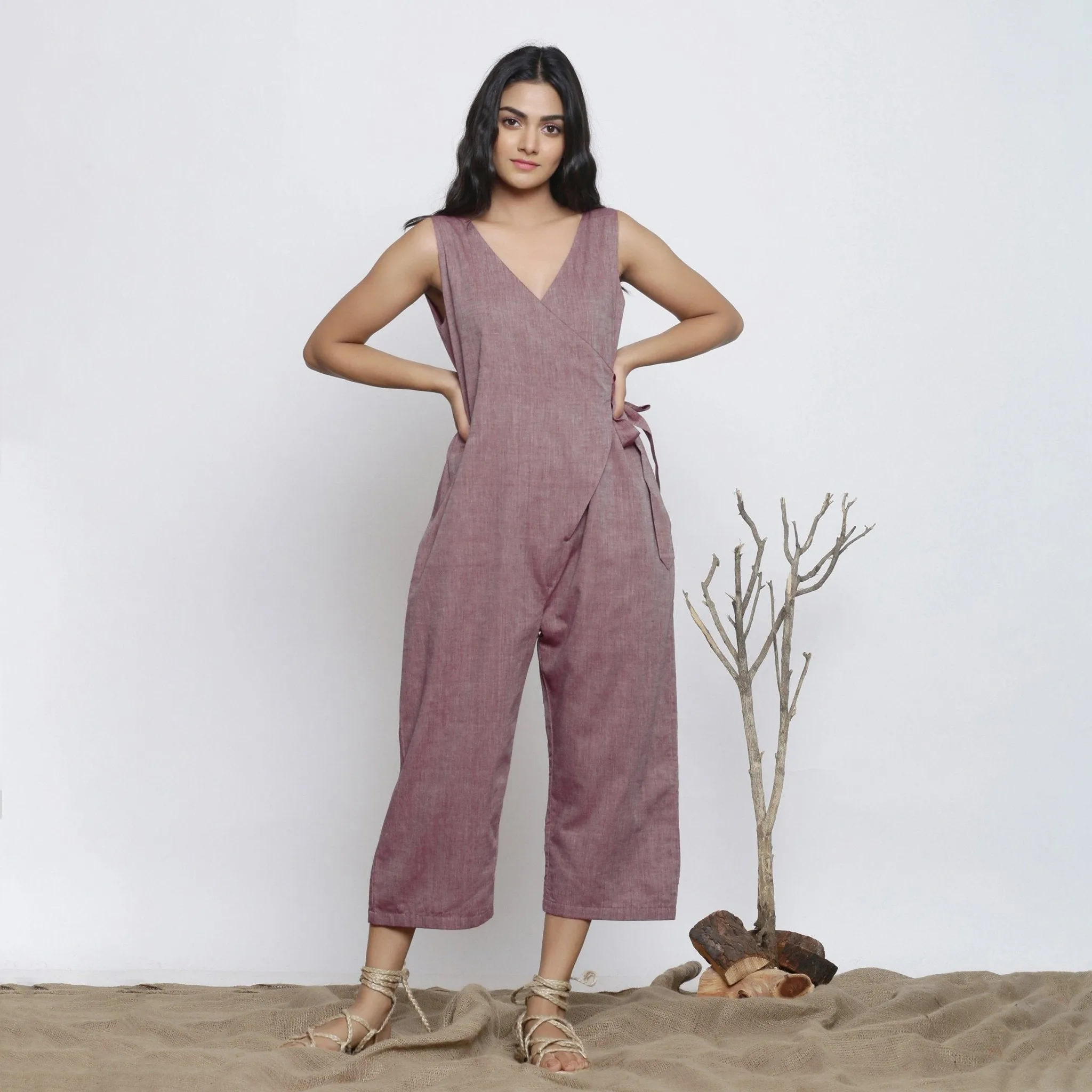 Purple Handspun Cotton Plunge Neck Wrap Midi Jumpsuit