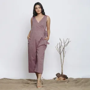 Purple Handspun Cotton Plunge Neck Wrap Midi Jumpsuit