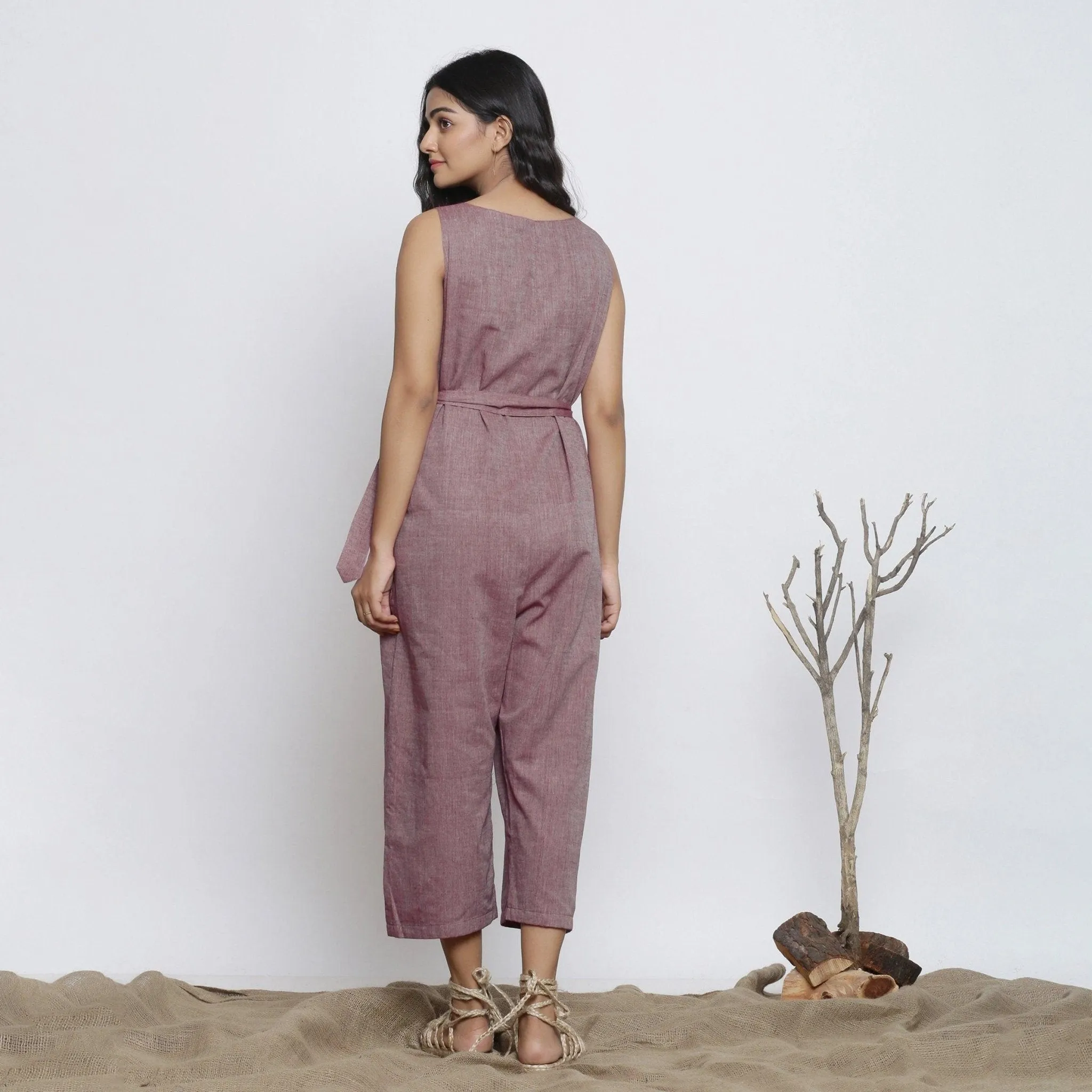 Purple Handspun Cotton Plunge Neck Wrap Midi Jumpsuit