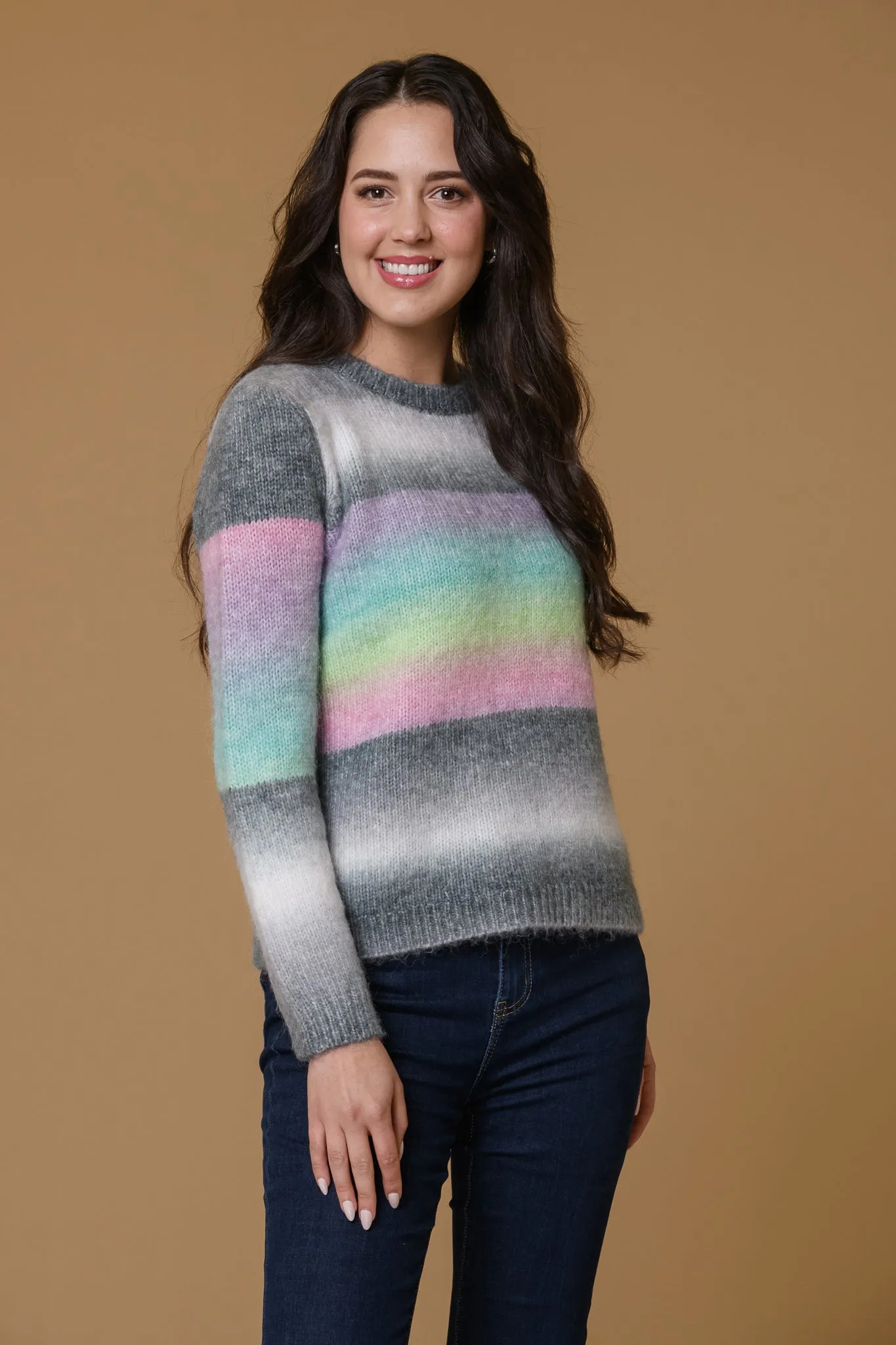 Rainbow Chunky Sweater-Grey/Green