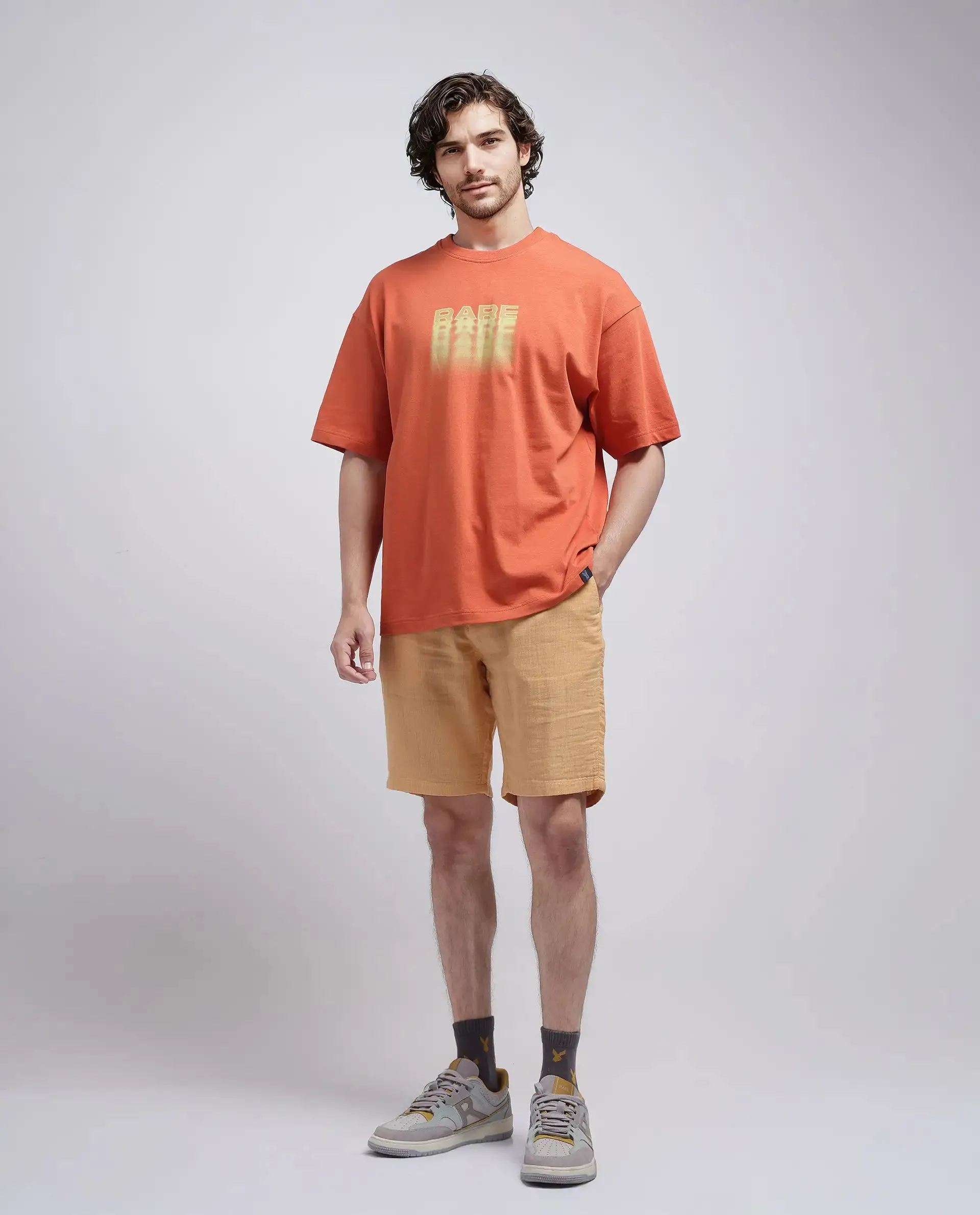 Rare Rabbit Men Pinto-25 Yellow Cotton Elastane Fabric Striped Shorts