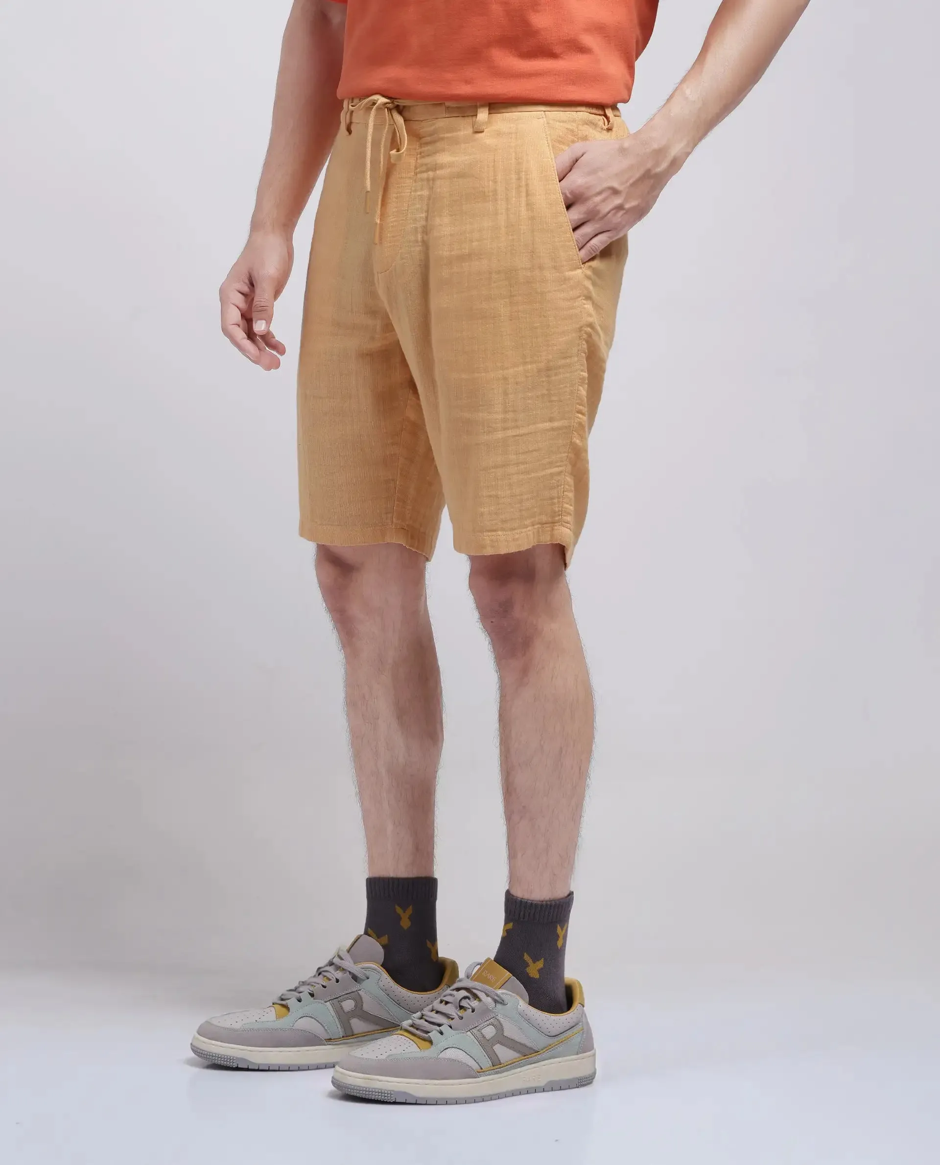 Rare Rabbit Men Pinto-25 Yellow Cotton Elastane Fabric Striped Shorts
