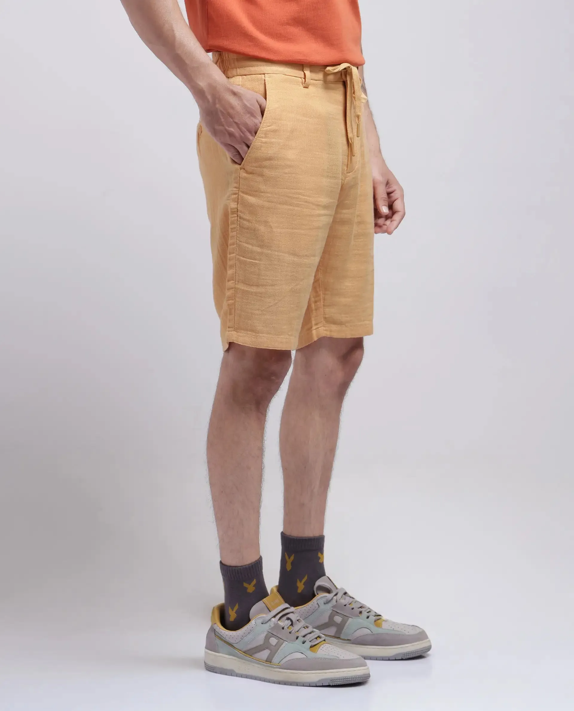 Rare Rabbit Men Pinto-25 Yellow Cotton Elastane Fabric Striped Shorts