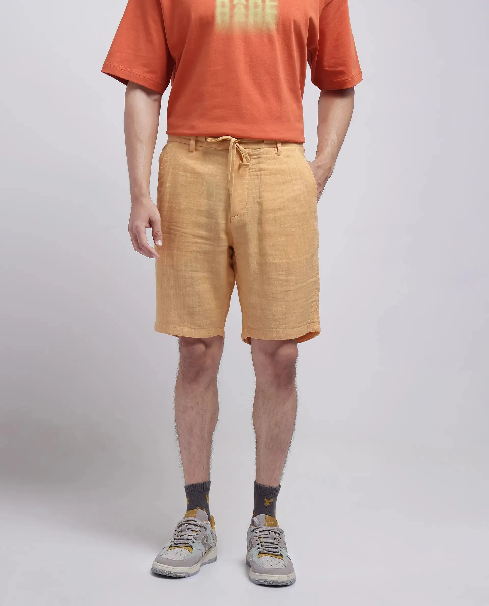 Rare Rabbit Men Pinto-25 Yellow Cotton Elastane Fabric Striped Shorts