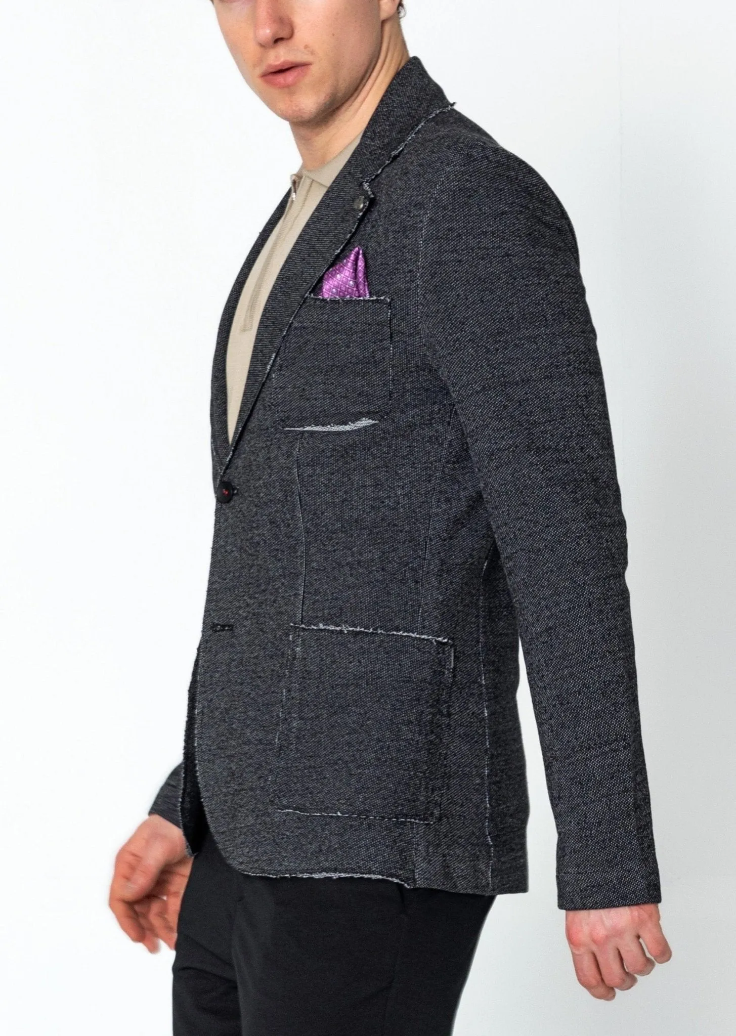 Raw Edge Patch Pocket Knit Jacket - Black