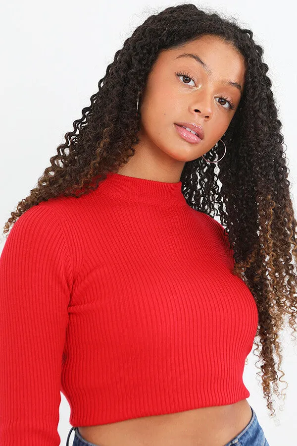 SCARLET RED PLAIN RIBBED TURTLENECK CROPPED JUMPER