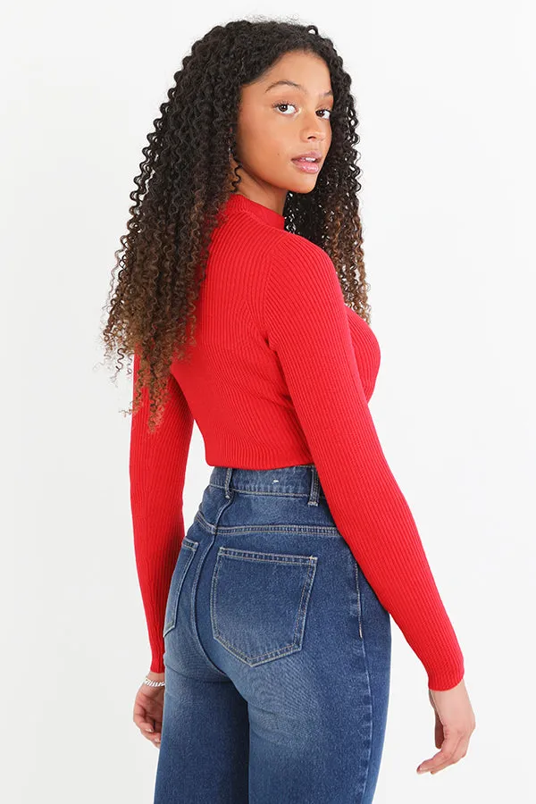 SCARLET RED PLAIN RIBBED TURTLENECK CROPPED JUMPER
