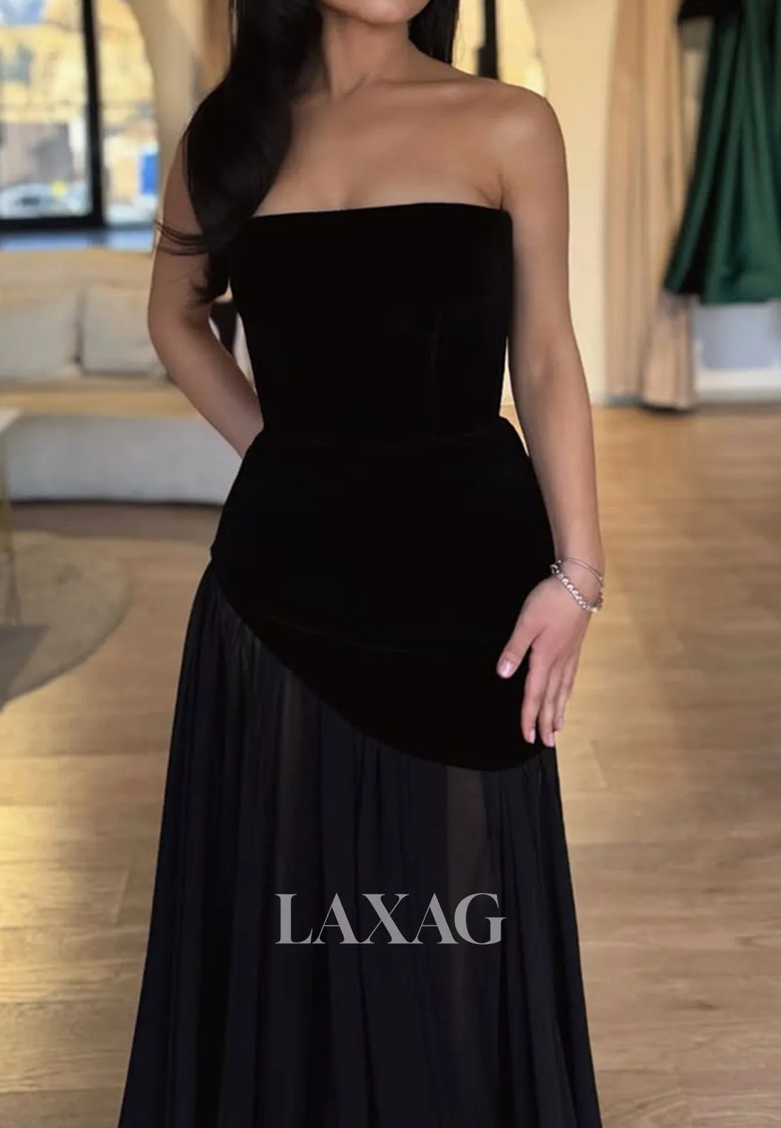 Simple Tube Top Sleeveless Off-Shoulder Pleated Chiffon A-Line Prom Dress with Sweep Train