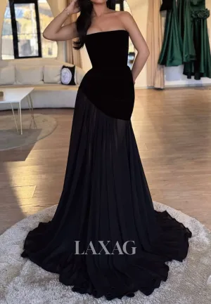 Simple Tube Top Sleeveless Off-Shoulder Pleated Chiffon A-Line Prom Dress with Sweep Train