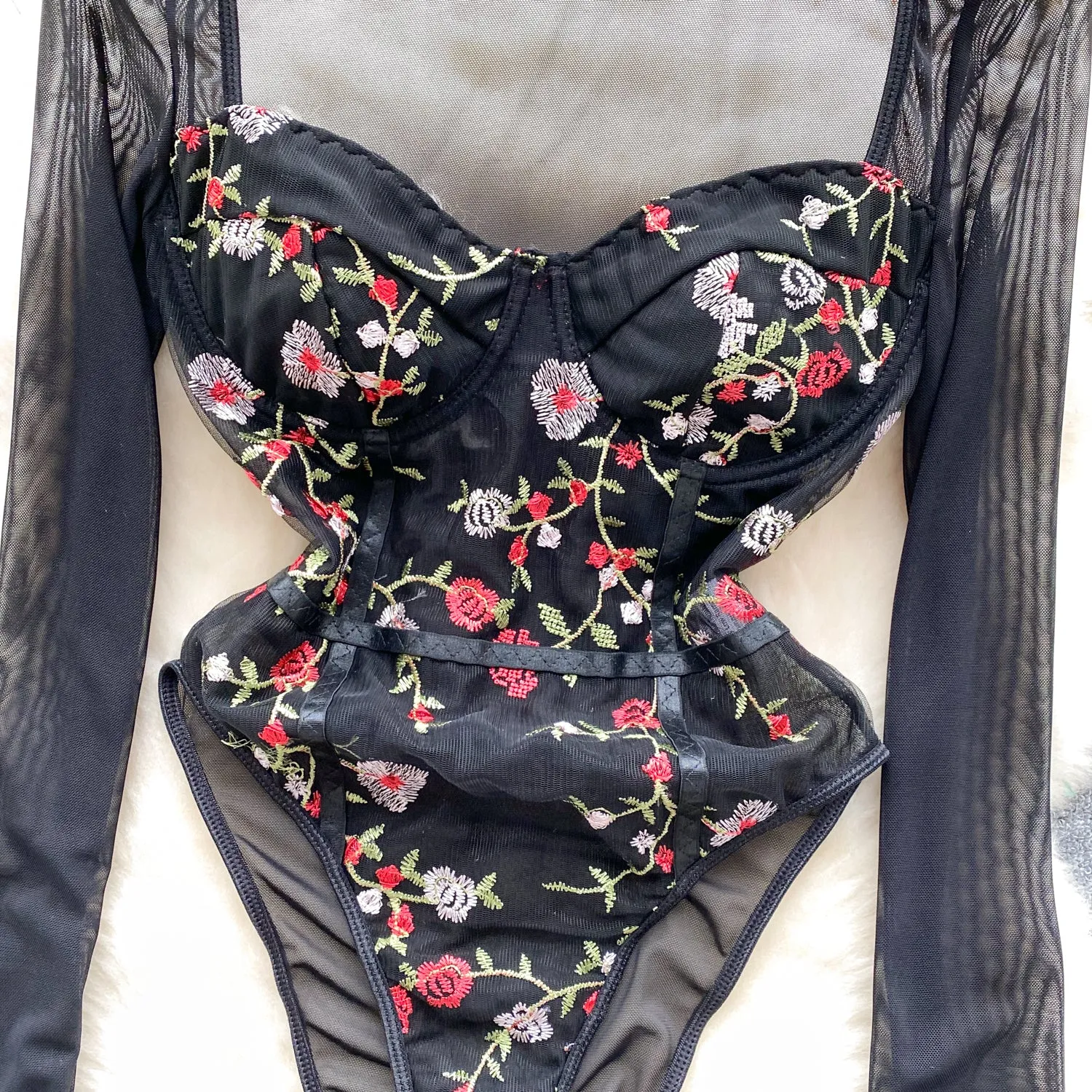 Slim-fit Floral Embroidery Black Romper