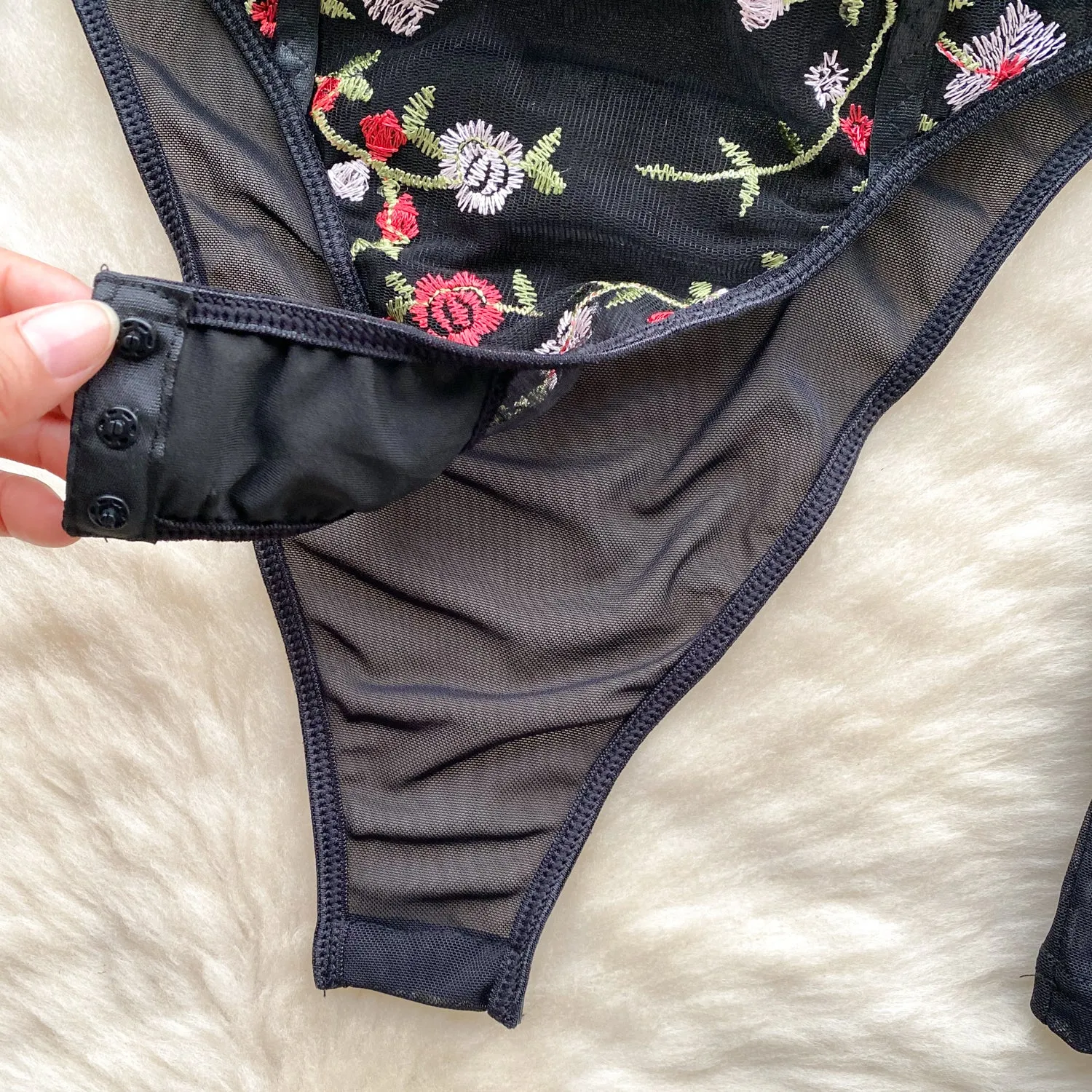 Slim-fit Floral Embroidery Black Romper