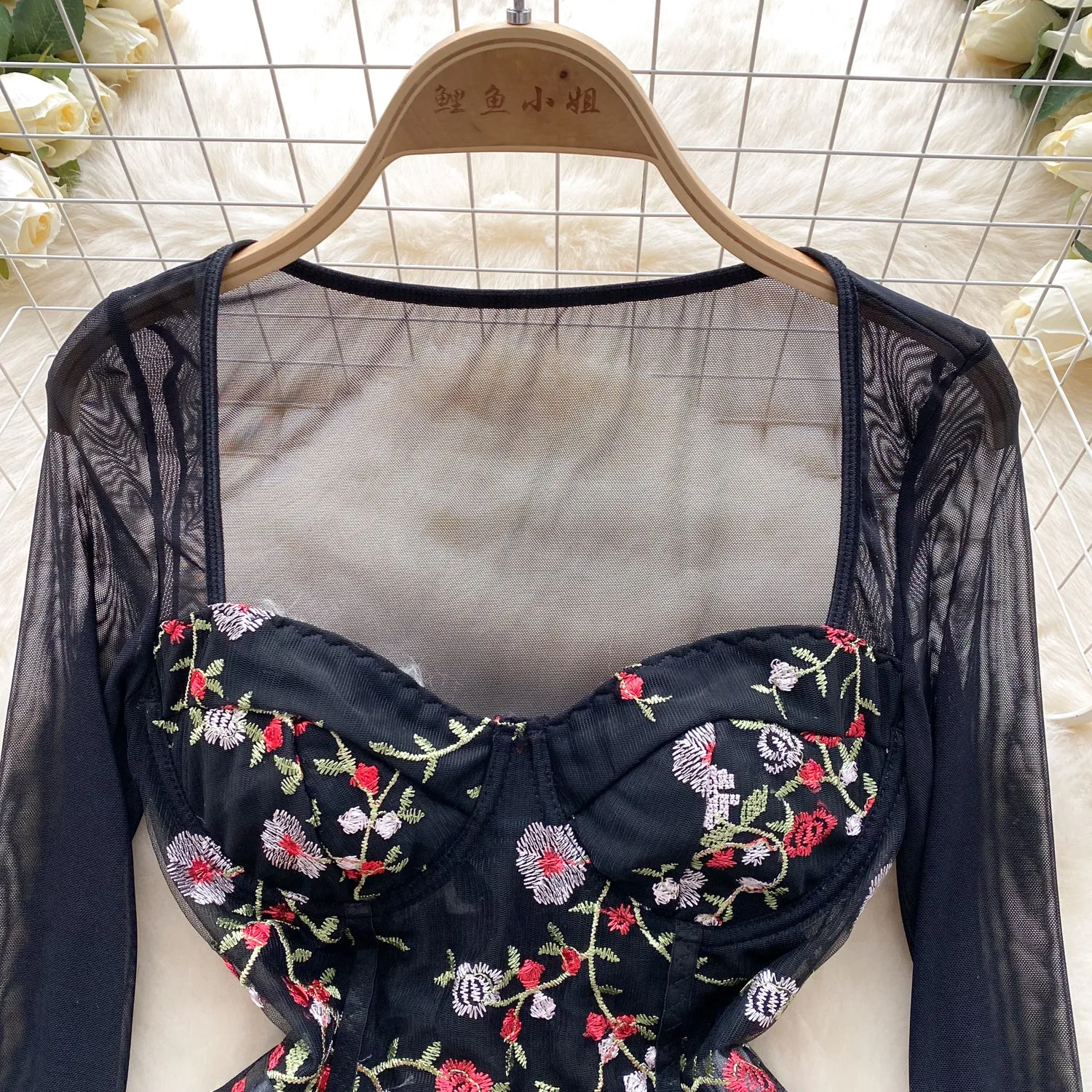 Slim-fit Floral Embroidery Black Romper