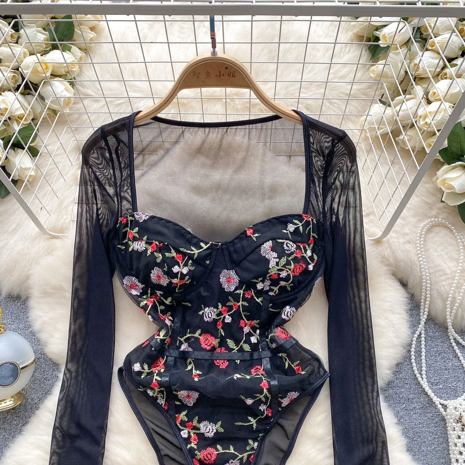 Slim-fit Floral Embroidery Black Romper