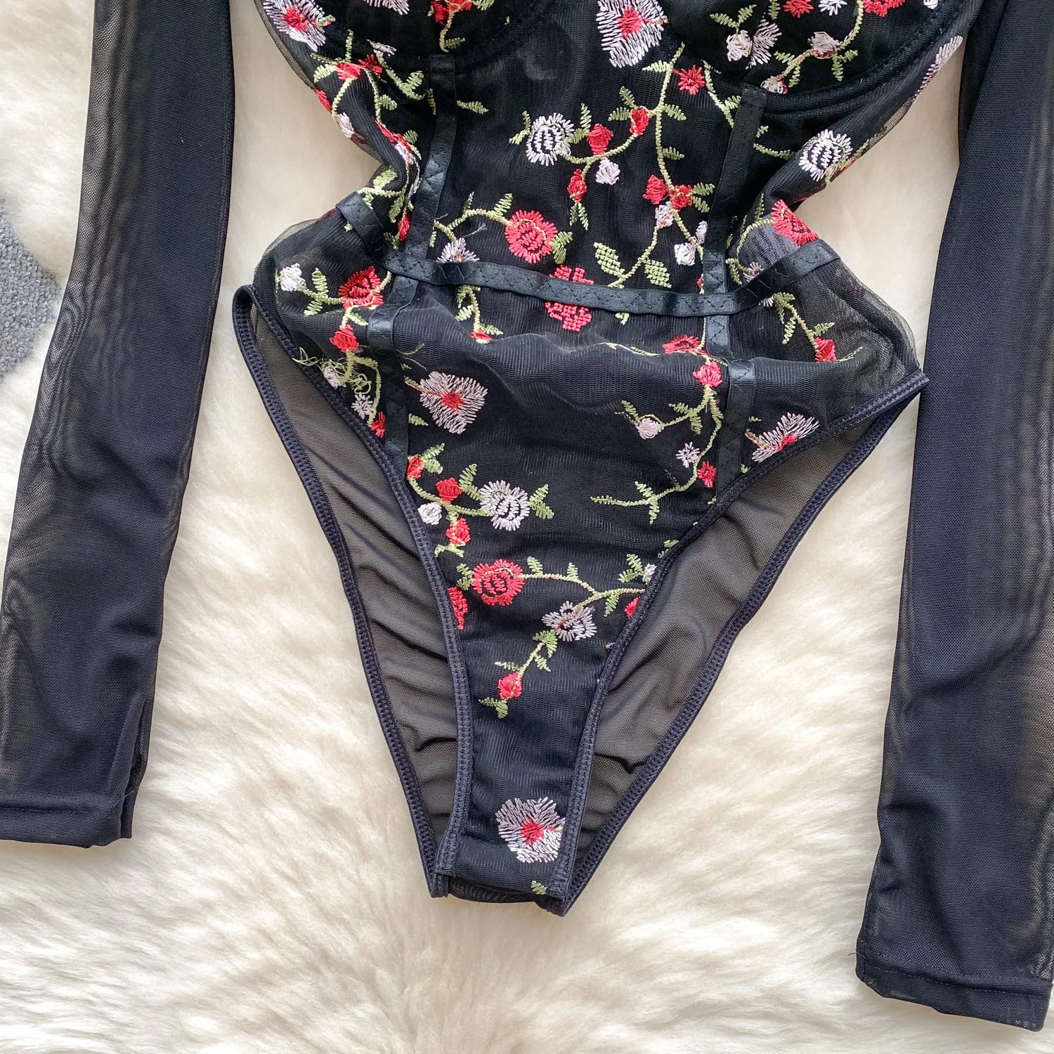 Slim-fit Floral Embroidery Black Romper