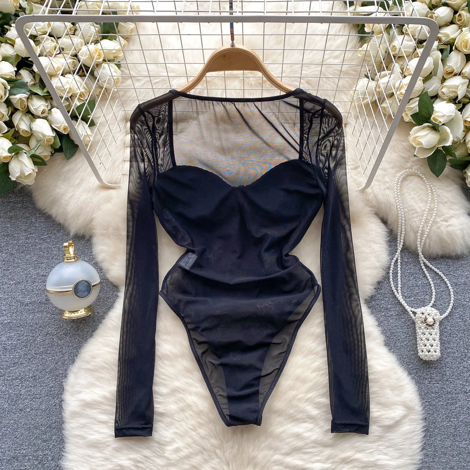 Slim-fit Floral Embroidery Black Romper