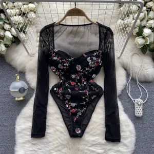 Slim-fit Floral Embroidery Black Romper
