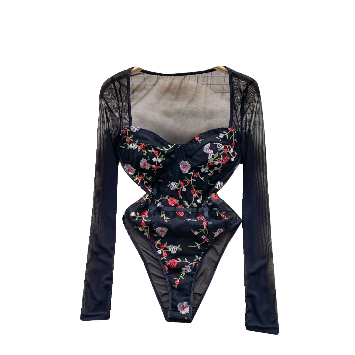 Slim-fit Floral Embroidery Black Romper