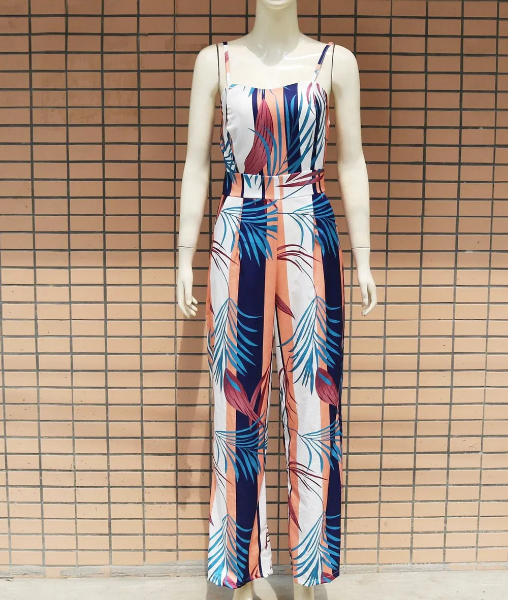 Spaghetti Strap Leaf Print Jumpsuit for Women Summer Sleeveless Female Casual Rompers Jumpsuits