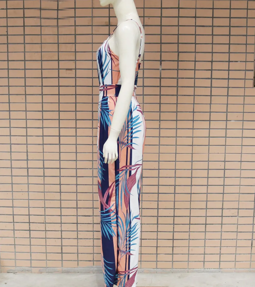 Spaghetti Strap Leaf Print Jumpsuit for Women Summer Sleeveless Female Casual Rompers Jumpsuits