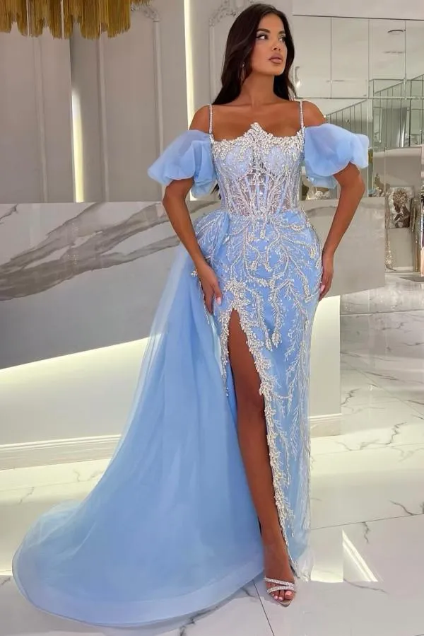 Split Spaghetti Straps Off The Shoulder Mermaid Tulle Appliques Lace Prom Dress