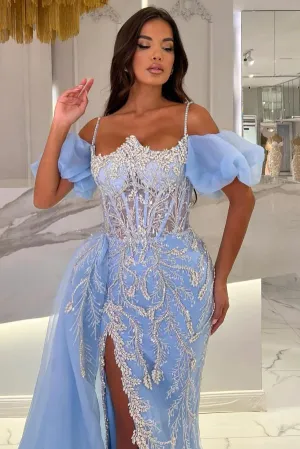 Split Spaghetti Straps Off The Shoulder Mermaid Tulle Appliques Lace Prom Dress