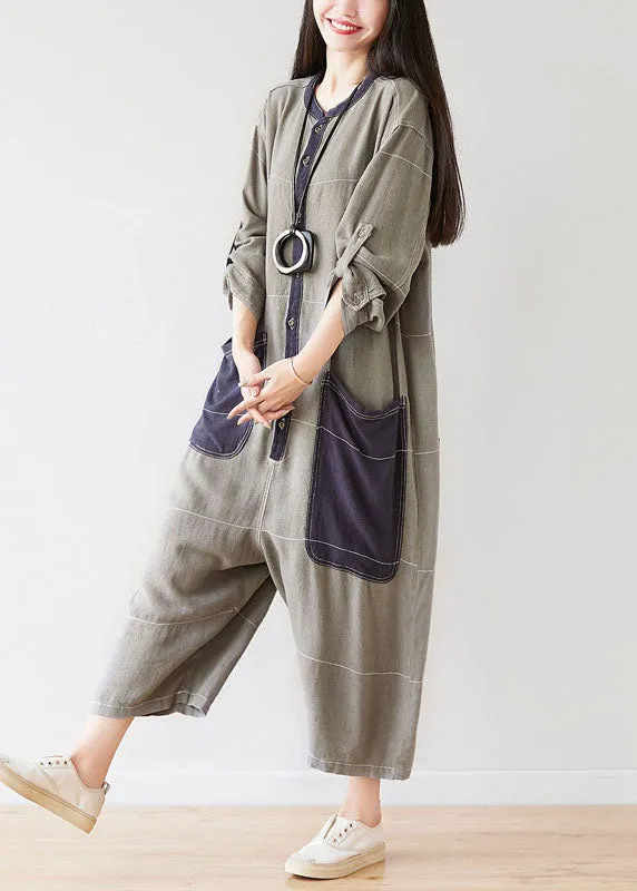 Style O-Neck Grey Pockets Patchwork Jumpsuits Spring