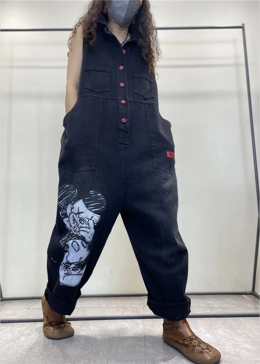 Stylish Black Peter Pan Collar Print Button Denim Jumpsuits Spring
