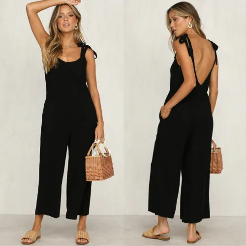 Summer new Women Casual Loose Linen Cotton Jumpsuit Sleeveless Backless Playsuit Trousers Overalls