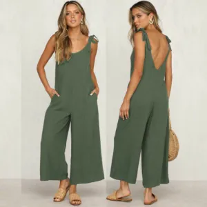 Summer new Women Casual Loose Linen Cotton Jumpsuit Sleeveless Backless Playsuit Trousers Overalls