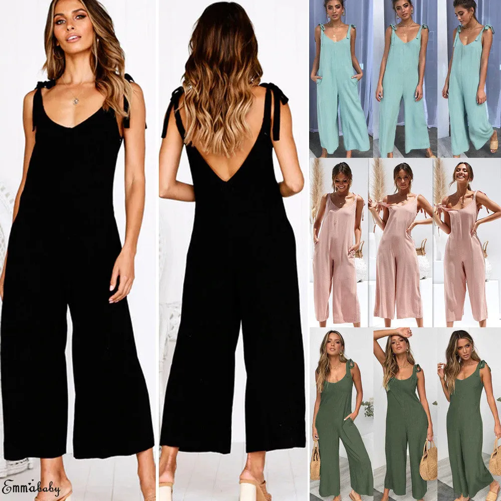 Summer new Women Casual Loose Linen Cotton Jumpsuit Sleeveless Backless Playsuit Trousers Overalls