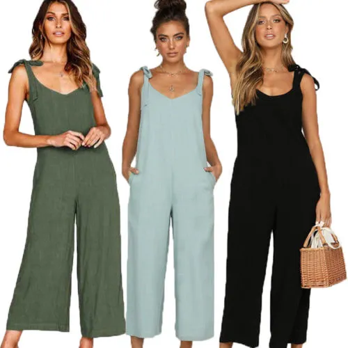 Summer new Women Casual Loose Linen Cotton Jumpsuit Sleeveless Backless Playsuit Trousers Overalls