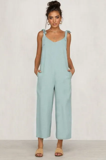 Summer new Women Casual Loose Linen Cotton Jumpsuit Sleeveless Backless Playsuit Trousers Overalls
