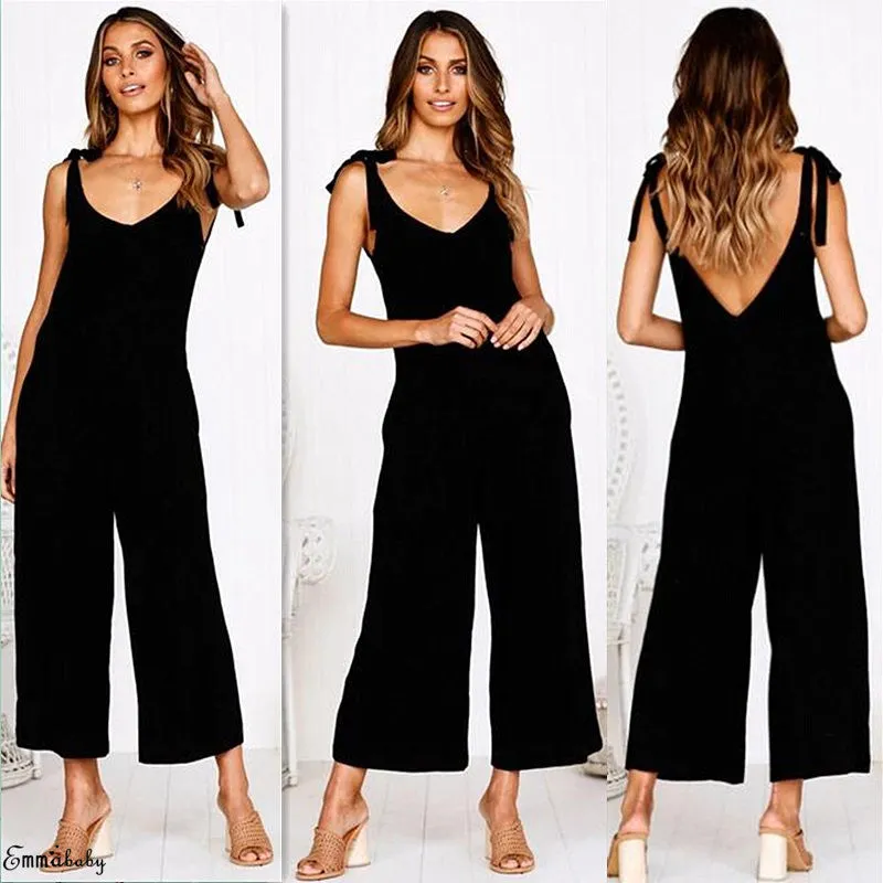 Summer new Women Casual Loose Linen Cotton Jumpsuit Sleeveless Backless Playsuit Trousers Overalls