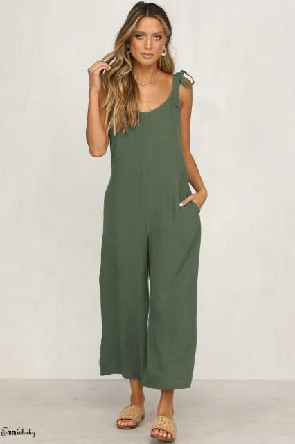 Summer new Women Casual Loose Linen Cotton Jumpsuit Sleeveless Backless Playsuit Trousers Overalls