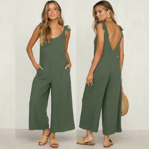 Summer new Women Casual Loose Linen Cotton Jumpsuit Sleeveless Backless Playsuit Trousers Overalls