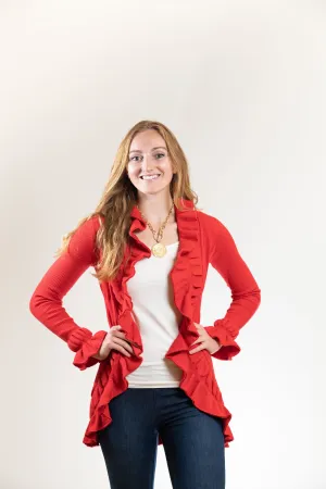 The Paige Ruffle Cardigan in Red