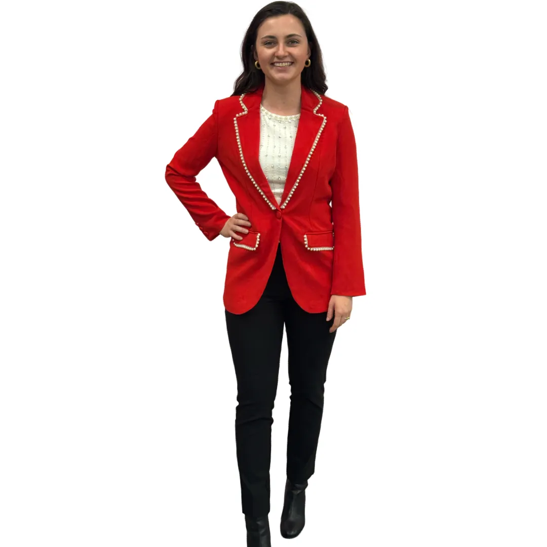 The Palmer Pearl Trimmed Blazer in Poppy Red