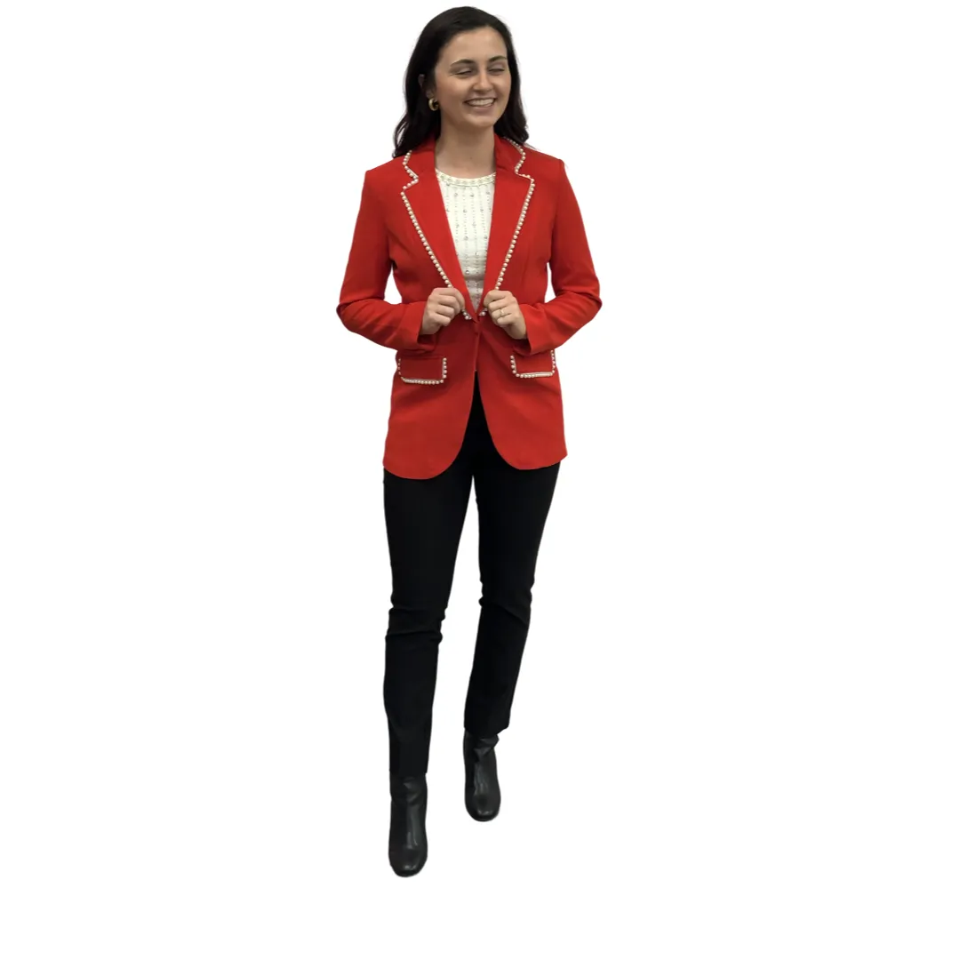 The Palmer Pearl Trimmed Blazer in Poppy Red