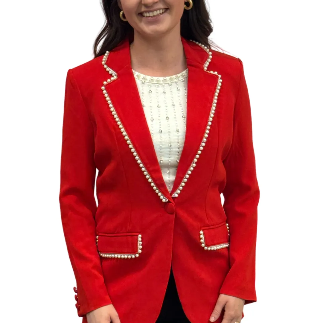 The Palmer Pearl Trimmed Blazer in Poppy Red