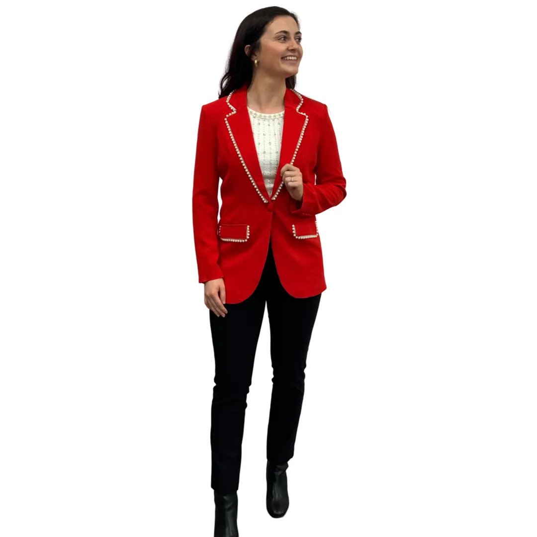 The Palmer Pearl Trimmed Blazer in Poppy Red
