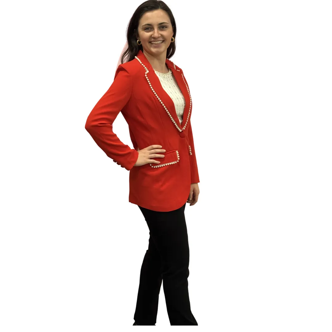 The Palmer Pearl Trimmed Blazer in Poppy Red