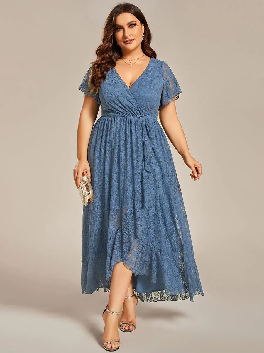 V-Neck Short Sleeve Pleated Ruffled Lace Evening Dress