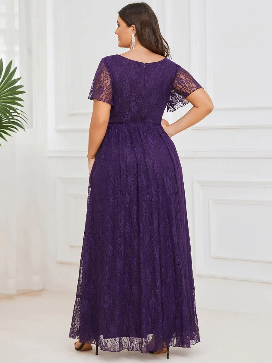 V-Neck Short Sleeve Pleated Ruffled Lace Evening Dress