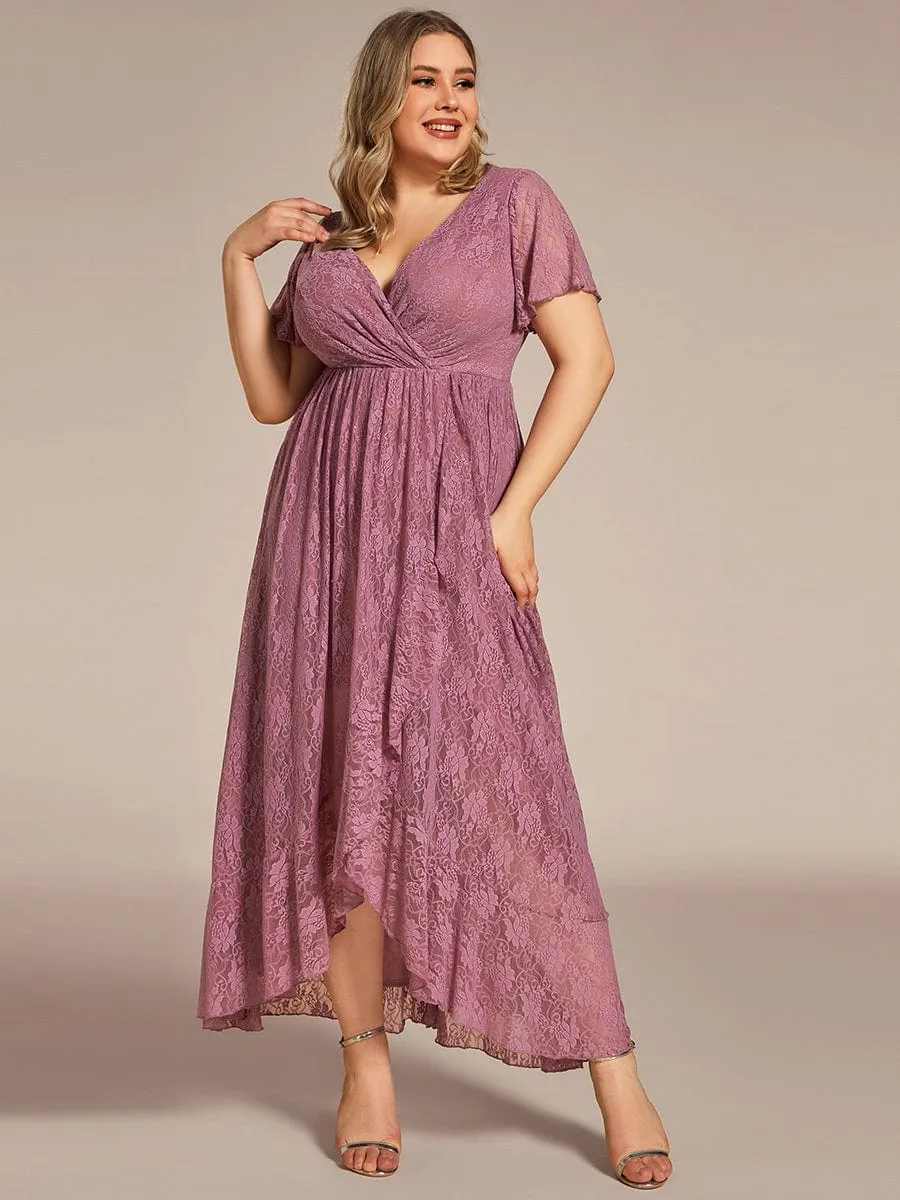 V-Neck Short Sleeve Pleated Ruffled Lace Evening Dress
